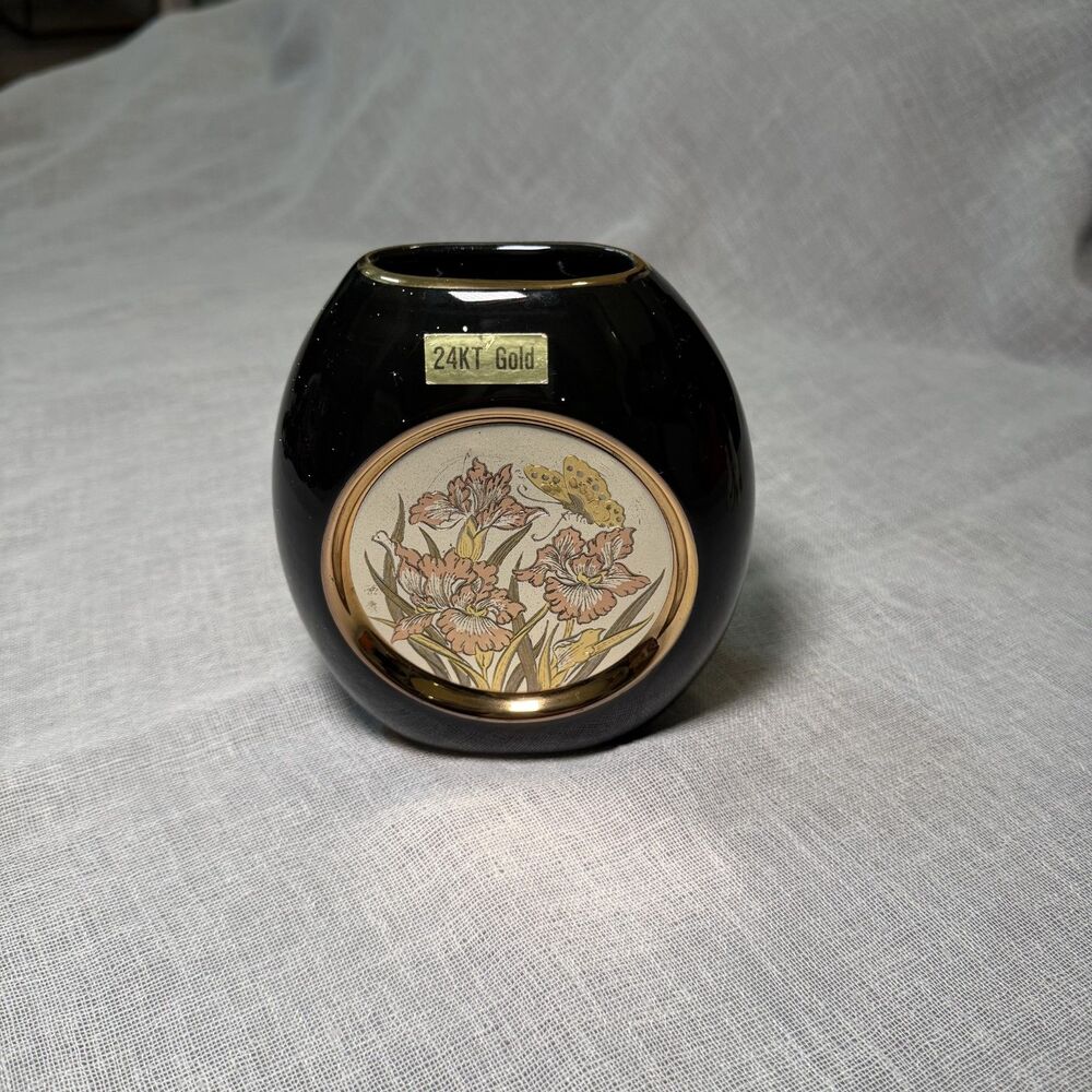 Vintage Japanese Chokin Black 5” Vase 24K Gold Iris Butterfly Made in Japan